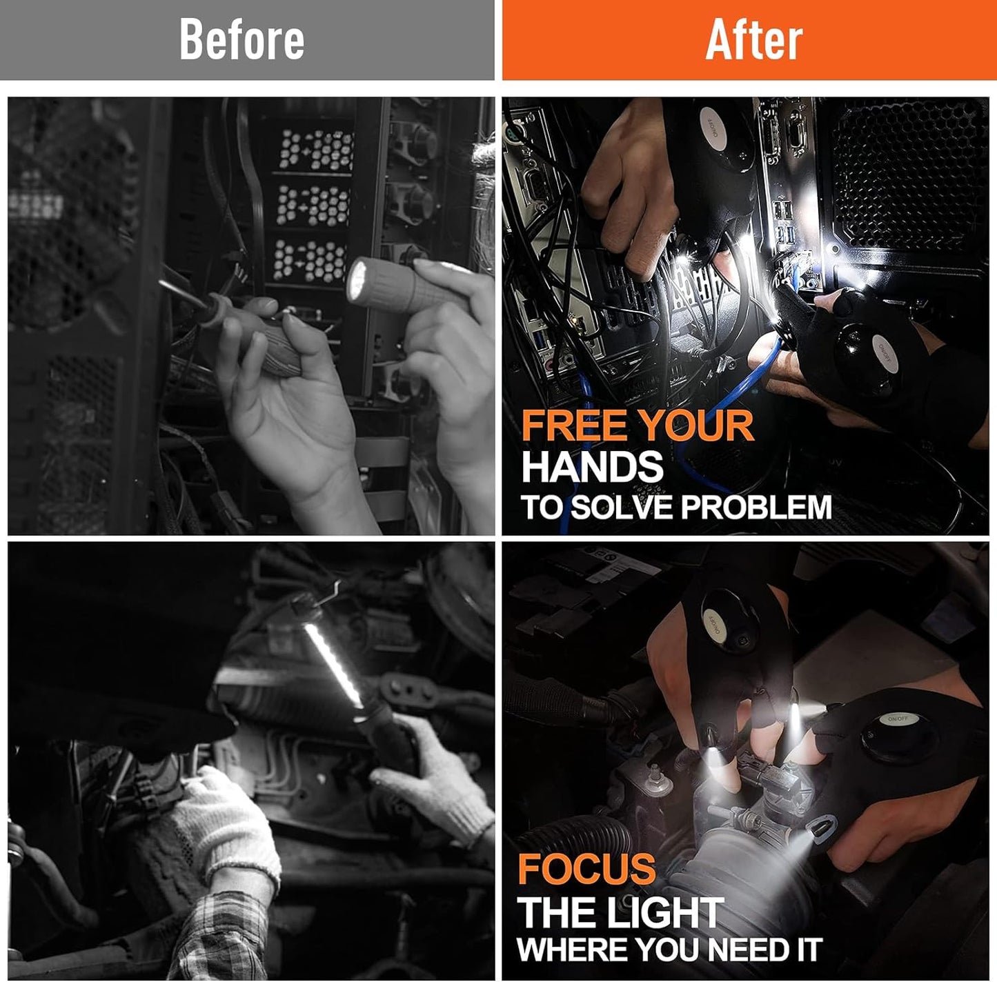LED Flashlight Gloves for Hands-Free Lighting, Fingerless Work Gloves with Built-In Lights, Adjustable Utility Gloves for Camping, Repairs, and Low-Light Tasks