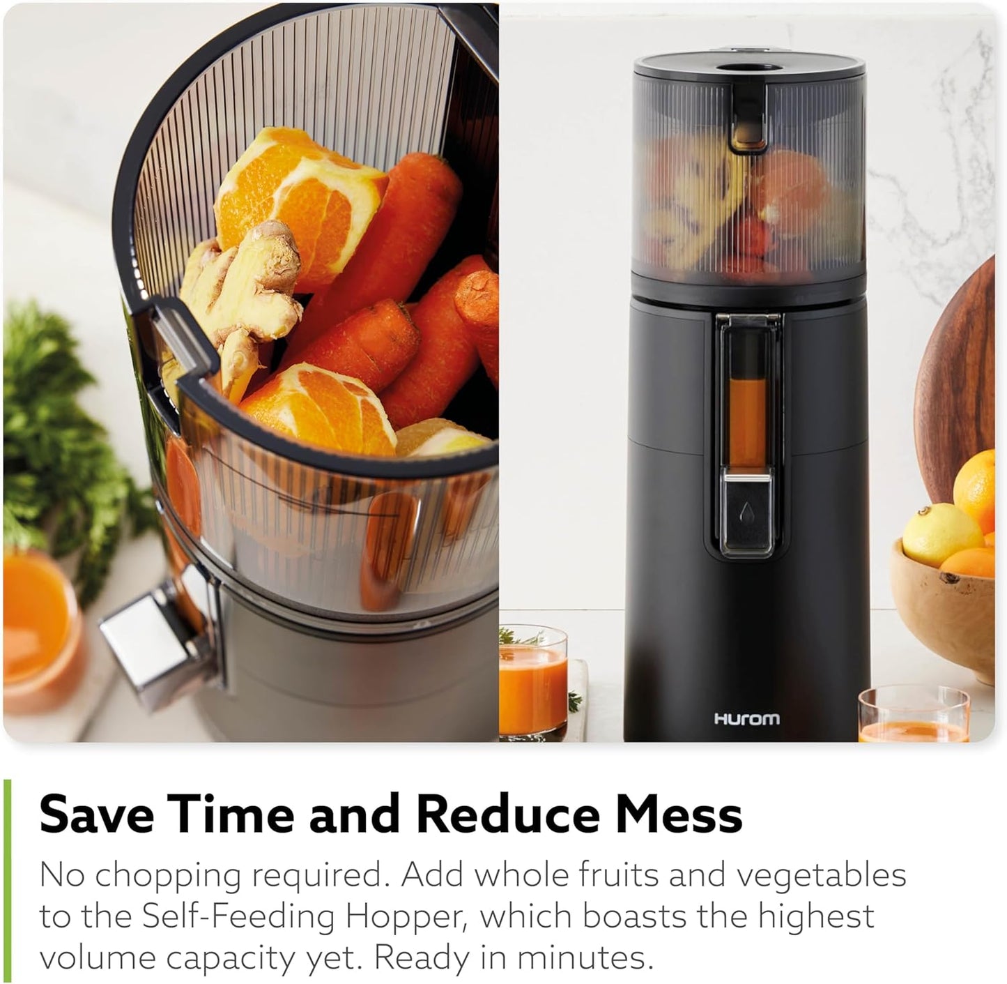 Hurom H400 Easy Clean Slow Juicer, Matte Black | Hands Free | Hopper Fits Whole Produce | Quiet Motor | Scrub Free Cleaning | BPA Free | Easy Assembly | Healthy Living | Cold Press Masticating Juicer