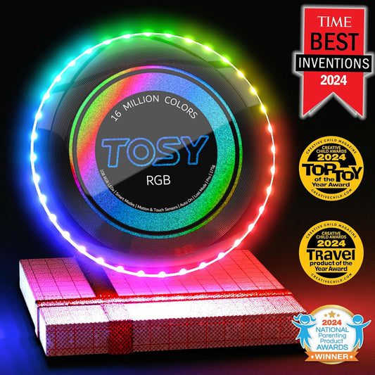 TOSY Flying Disc - 16 Million Color RGB or 36 LEDs, Extremely Bright, Smart Modes, Auto Light Up, Rechargeable, Cool Fun Christmas, Birthday & Camping Gift for Men/Boys/Teens/Kids, 175g Frisbee - PuriLite