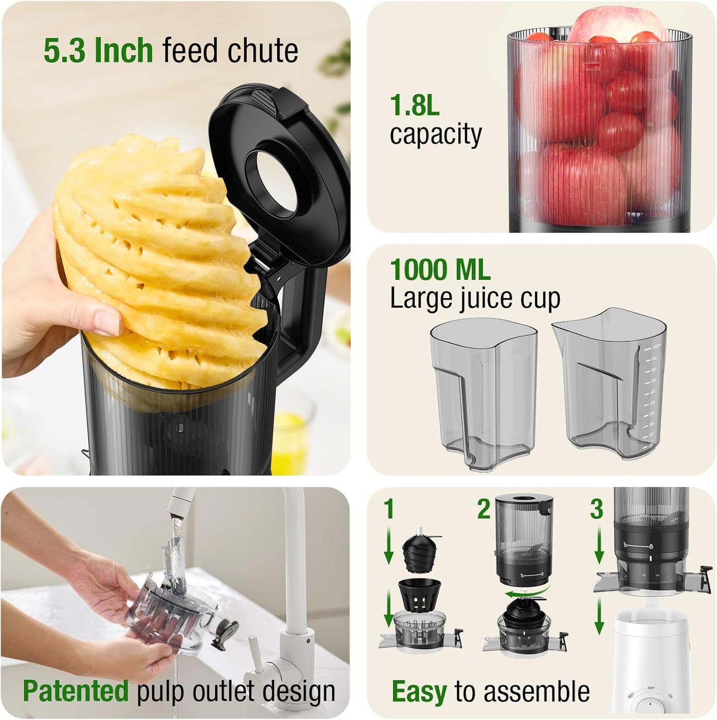 Juicer Machine, TUUMIIST Cold Press Juicer with 5.3" Feeding Chute Fit Whole Fruits and Vegetables, Slow Masticating Juicer Easy to Clean, High Juice Yield, BPA Free (White)