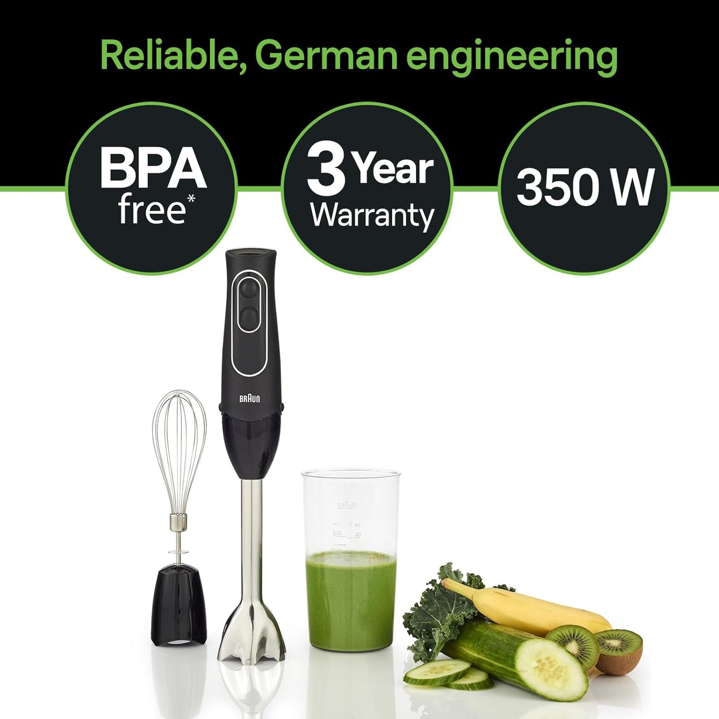 Braun MQ505 Portable Immersion Hand Blender,Powerful 350W Stick Blender,Dual Speed,Whisk,Beaker,Soup,Baby Food,Mixer,Hummus,Egg Beater,Smoothies
