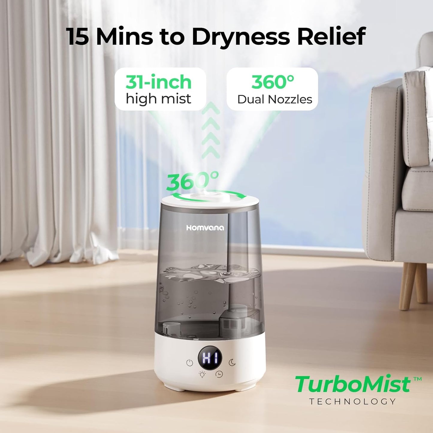 Homvana Humidifiers for Bedroom Home, 3.6L Cool Mist Top-Fill 34H Super Long Time, Quiet 16dB, Baby Humidifier, Oil Diffuser for Large Room, Plants, Nursery, Office BPA FREE, 7 Color Light Ultrasonic