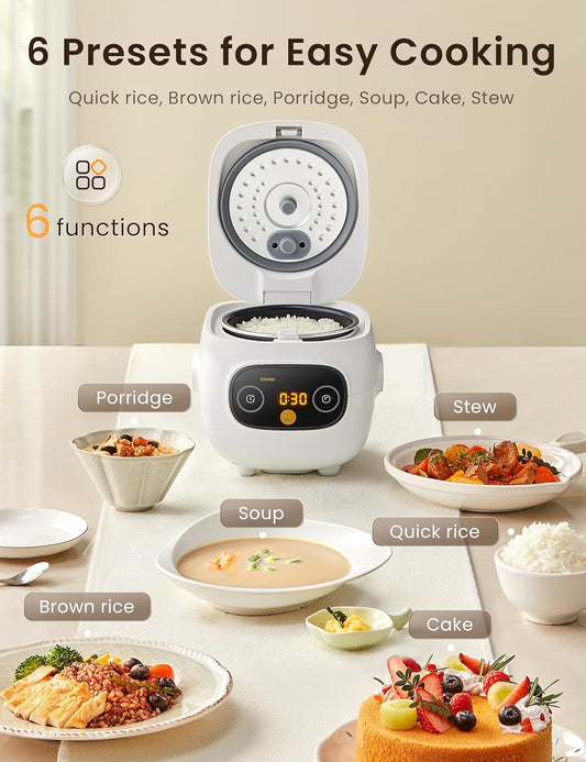 COMFEE' Mini Rice Cooker 4 Cups Cooked/2 Cups Uncooked, Portable Non-Stick rice maker, 24 hours Timer Delay, 6 Functions, Fast Cooker, Brown Rice, Oatmeal, White - PuriLite