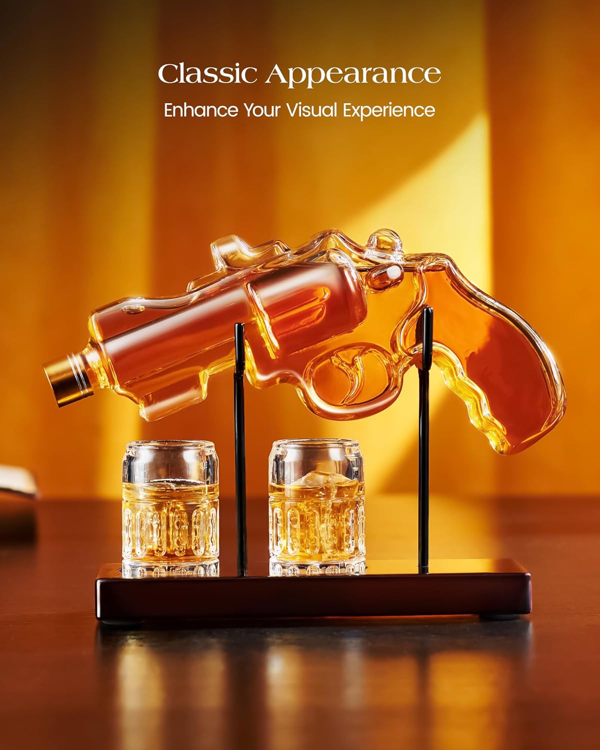 Decorative Glass Decanter Set with Display Base, Lead-Free Beverage Decanter with Matching Glasses, Unique Home Bar Display and Gift Set - PuriLite