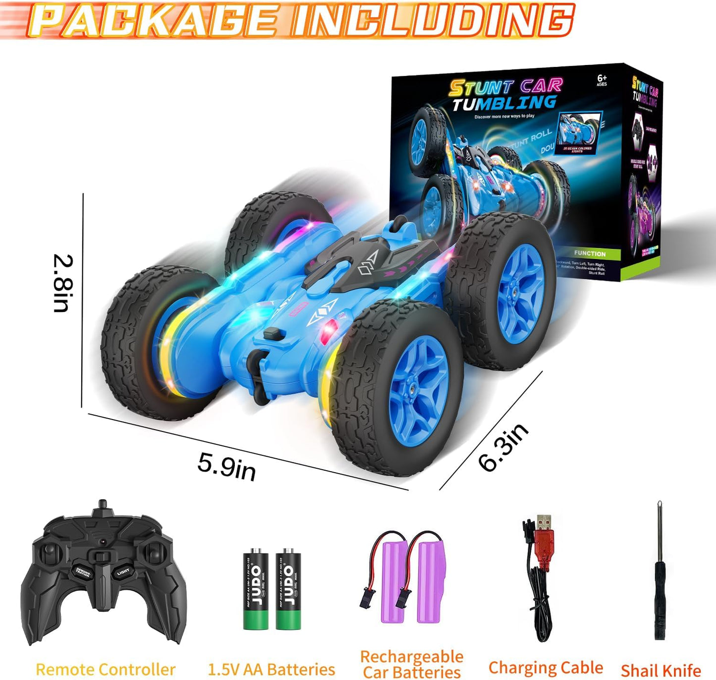 Remote Control Stunt Car with LED Strip Lights, 4WD Double-Sided 360 Degree Rotating RC Drift Truck for Kids, Rechargeable Toy Car for Indoor and Outdoor Play - PuriLite