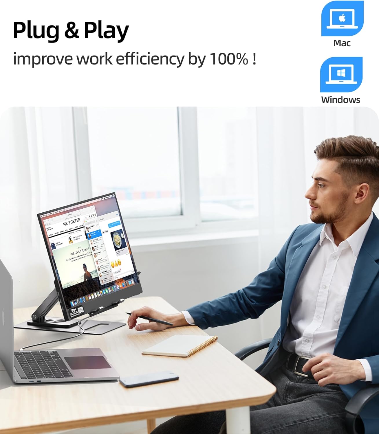 Ingnok Portable Monitor,15.6" 1080P Laptop Screen Extender with Adjustable Stand,Portable Monitor for Laptop Mac PC,Ideal for Travel and Office