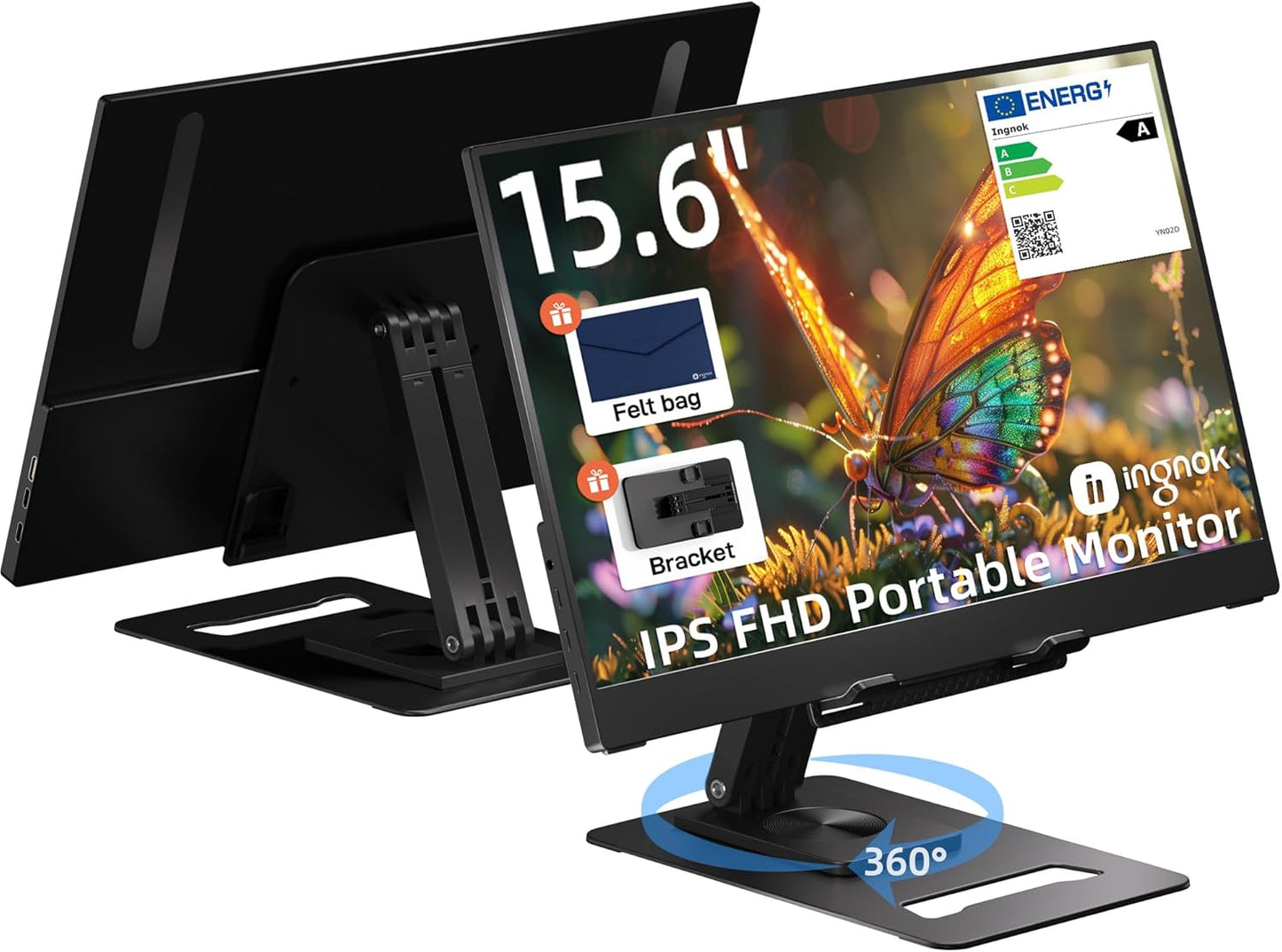 Ingnok Portable Monitor,15.6" 1080P Laptop Screen Extender with Adjustable Stand,Portable Monitor for Laptop Mac PC,Ideal for Travel and Office