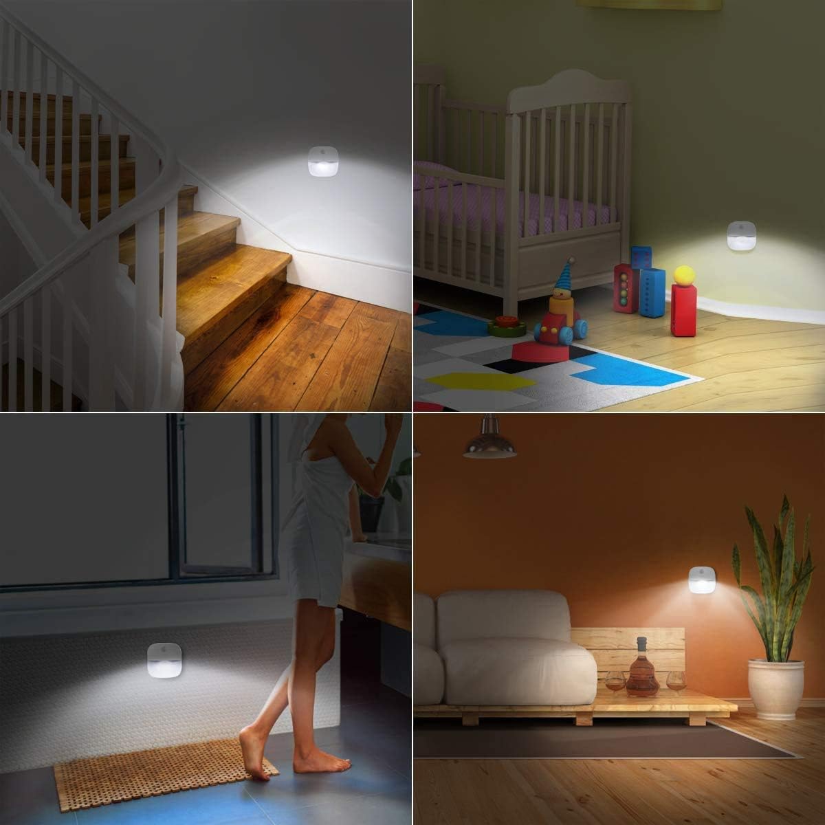 (upgraded) motion sensor light, cordless battery powered LED night light, wall light, closet light, security light for stairs, hallways, bathrooms, kitchens, cabinets (white - 3 pack)