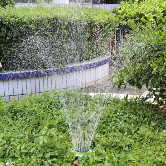 STYDDI Turret Sprinkler, 8-Pattern Stationary Metal Garden Sprinkler with QuickConnect Product Adapter for Small Areas, Gardens, or Odd Shaped Yards