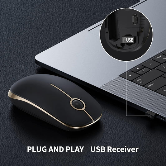 Wireless Mouse, Vssoplor 2.4G Slim Portable Computer Mice with Nano Receiver for Notebook, PC, Laptop, Computer-Gold and Black - PuriLite