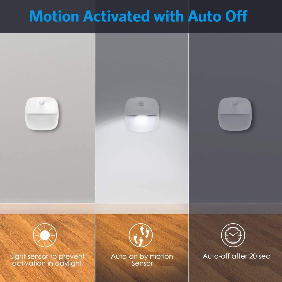 (upgraded) motion sensor light, cordless battery powered LED night light, wall light, closet light, security light for stairs, hallways, bathrooms, kitchens, cabinets (white - 3 pack)