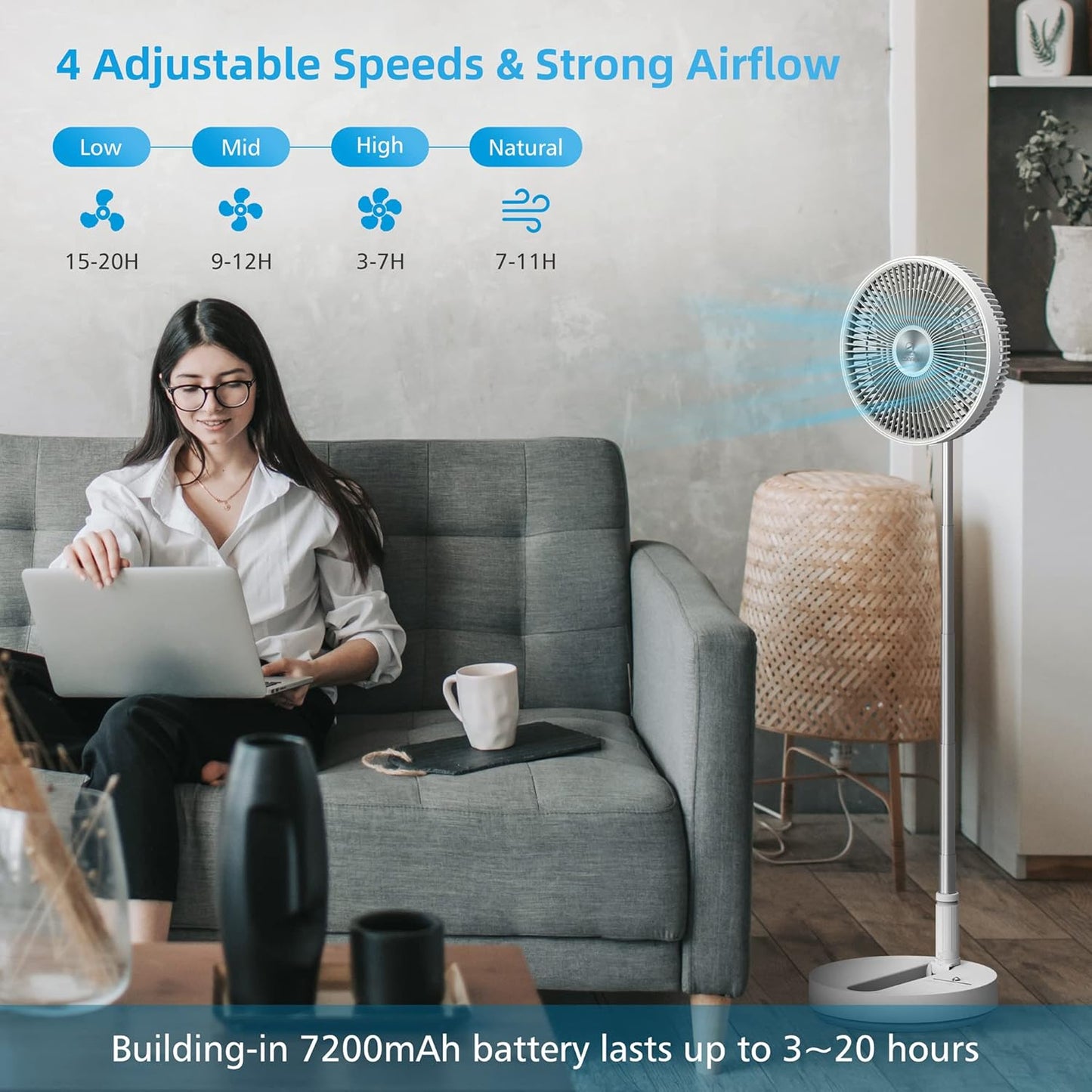 CooCoCo 10" Battery Operated Fan, Portable Travel Fan for Sleeping, Oscillating Fan with Remote Control, Cordless Rechargeable Pedestal Fan, Standing Fan for Bedroom, Home, Office, Dorm