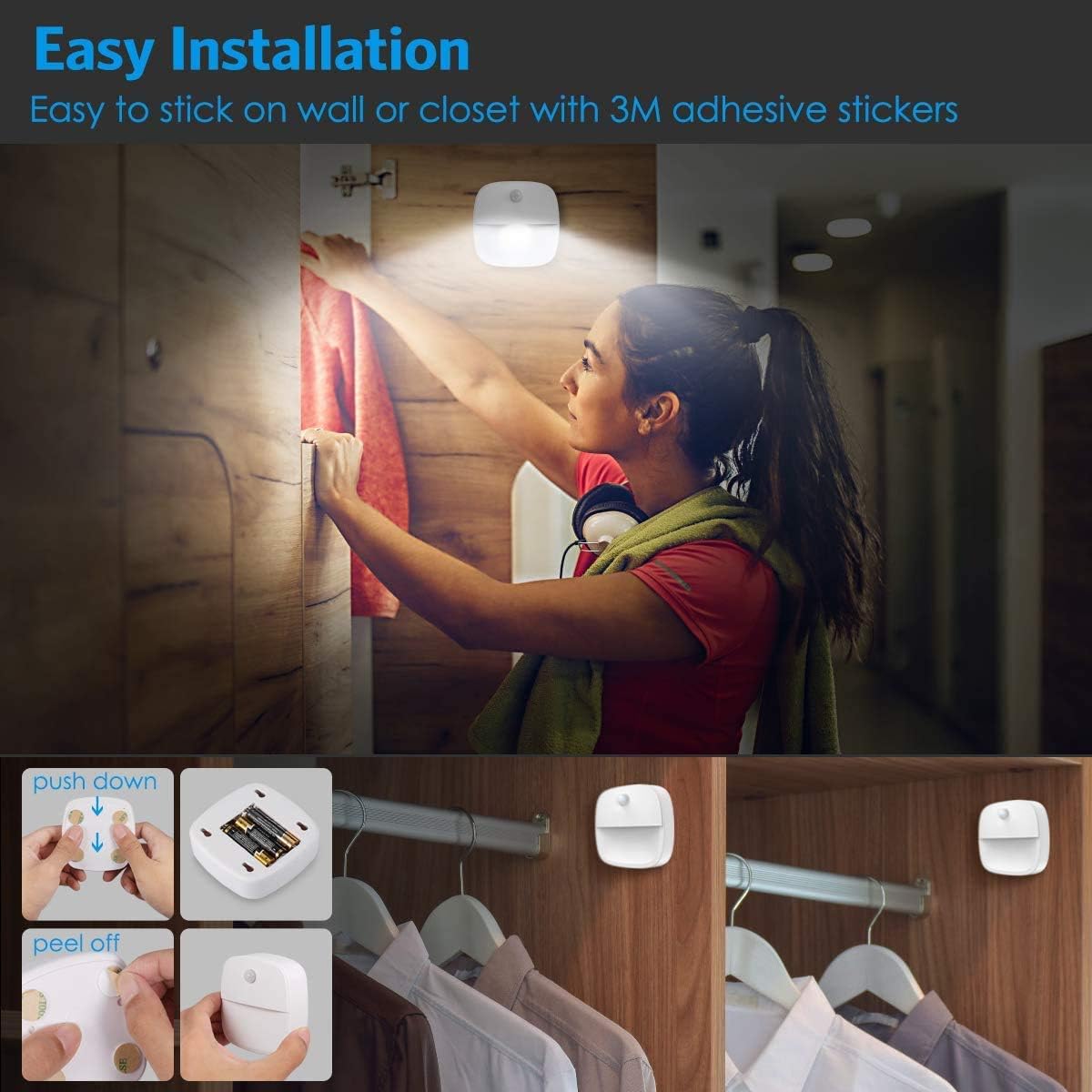 (upgraded) motion sensor light, cordless battery powered LED night light, wall light, closet light, security light for stairs, hallways, bathrooms, kitchens, cabinets (white - 3 pack)