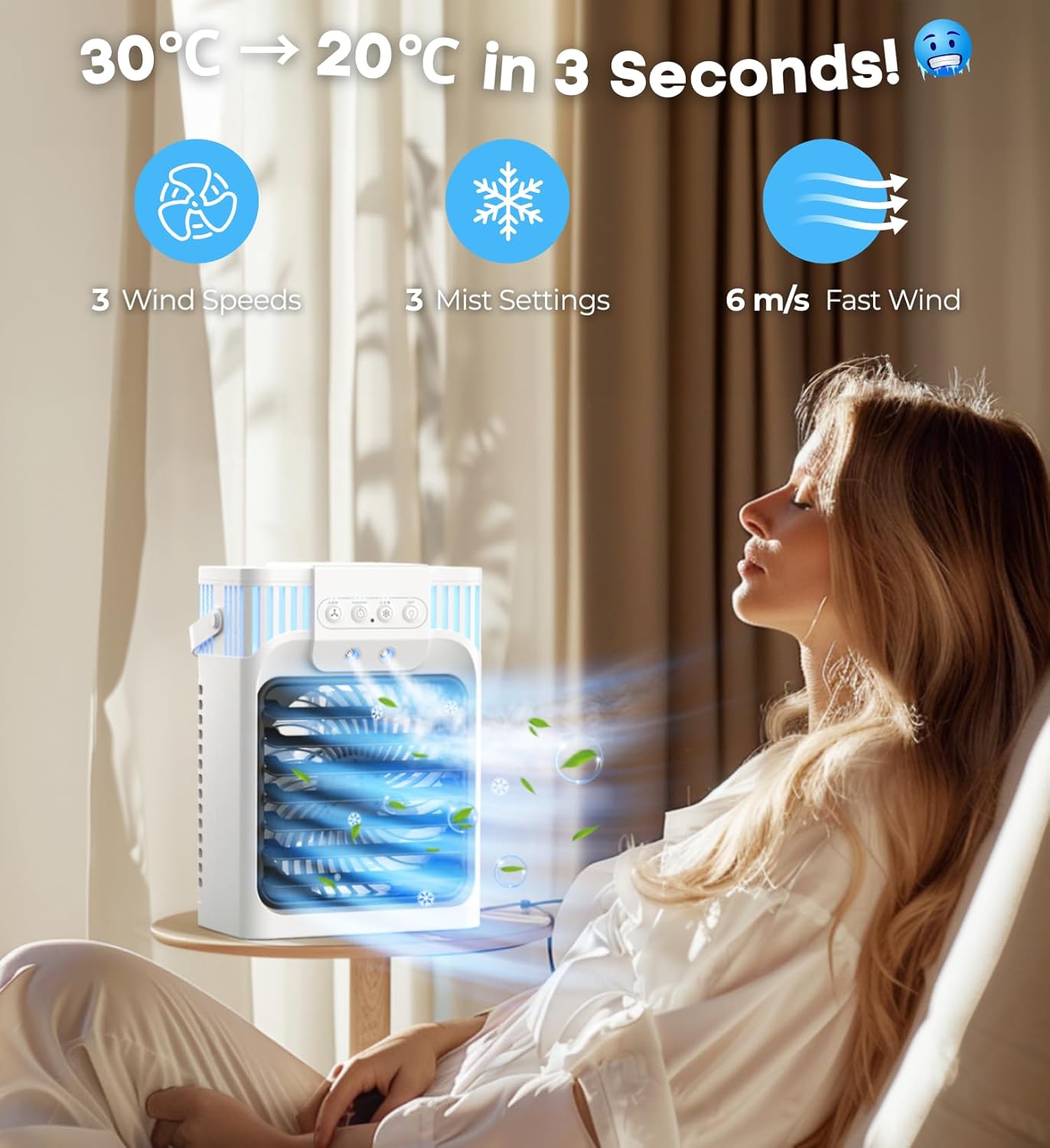 Portable Air Conditioner, Air Conditioner Portable with 3 Speeds, 3 Mist Settings, 1200ml XL Water Tank, 2~8h Timer, Portable Ac Unit, Small Mini Air Conditioner, Personal Air Cooler Fan for Bedroom