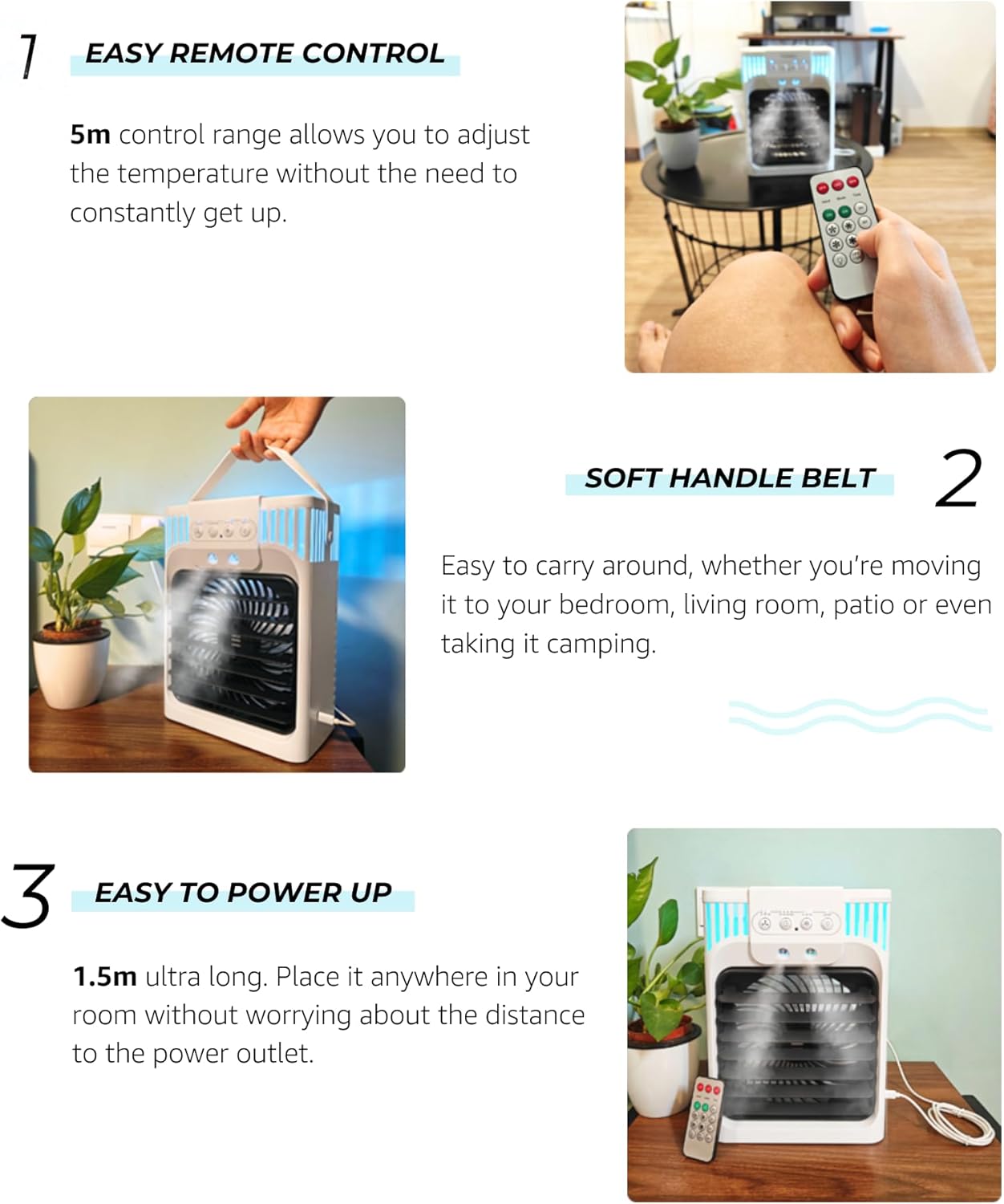 Portable Air Conditioner, Air Conditioner Portable with 3 Speeds, 3 Mist Settings, 1200ml XL Water Tank, 2~8h Timer, Portable Ac Unit, Small Mini Air Conditioner, Personal Air Cooler Fan for Bedroom