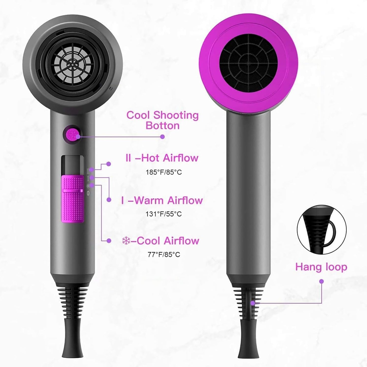 Ion Hair Dryer AC Motor 1800 W Hair Dryer, slopehill Quick Drying Hair Dryer, Salon Hair Dryer with Hot/Cold Button, 3 Hair Dryer Concentrators and Diffuser, 3 Temperature Settings, 2-Speed (Purple)