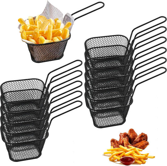 12 Pcs Mini Square Fry Basket Bulk Stainless Steel French Fry Holder Food Baskets for Serving Fryer Container with Handle Reusable Small Deep Fryer Holder for Home Kitchen Decor (Black)