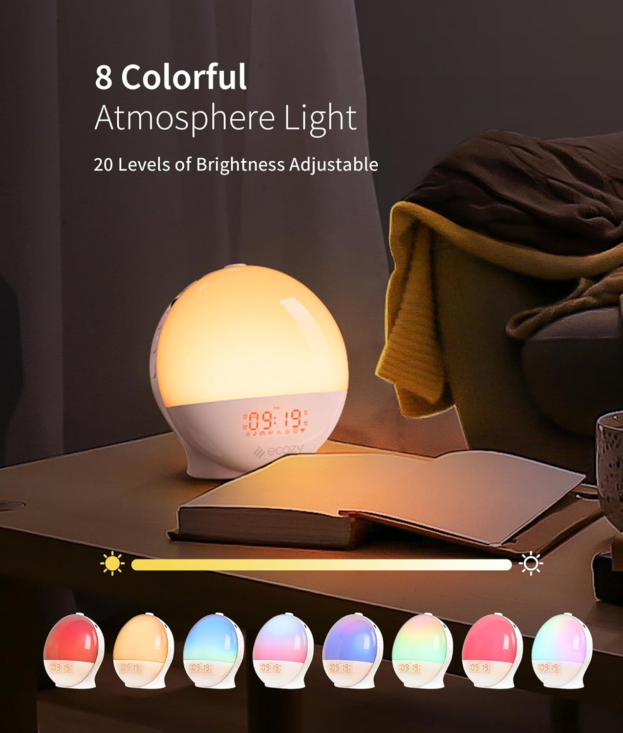 ecozy Sunrise Alarm Clock for Heavy Sleepers, Smart Wake Up Light with Sunrise/Sunset Simulation, App & Voice Controlled, Natural Sounds & FM Radio, 4 Alarms & Snooze, 8 Colors Night Light for Bedroom