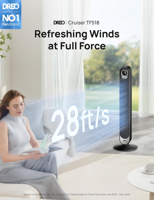 Dreo 28dB Tower Fan for Home, 42 Inch Portable Oscillating Bladeless Fan with Remote, 6 Speeds, 4 Modes, LED Display, 12H Timer, Powerful Cooling Floor Fan, Standing Fans for Bedroom,Quiet - PuriLite