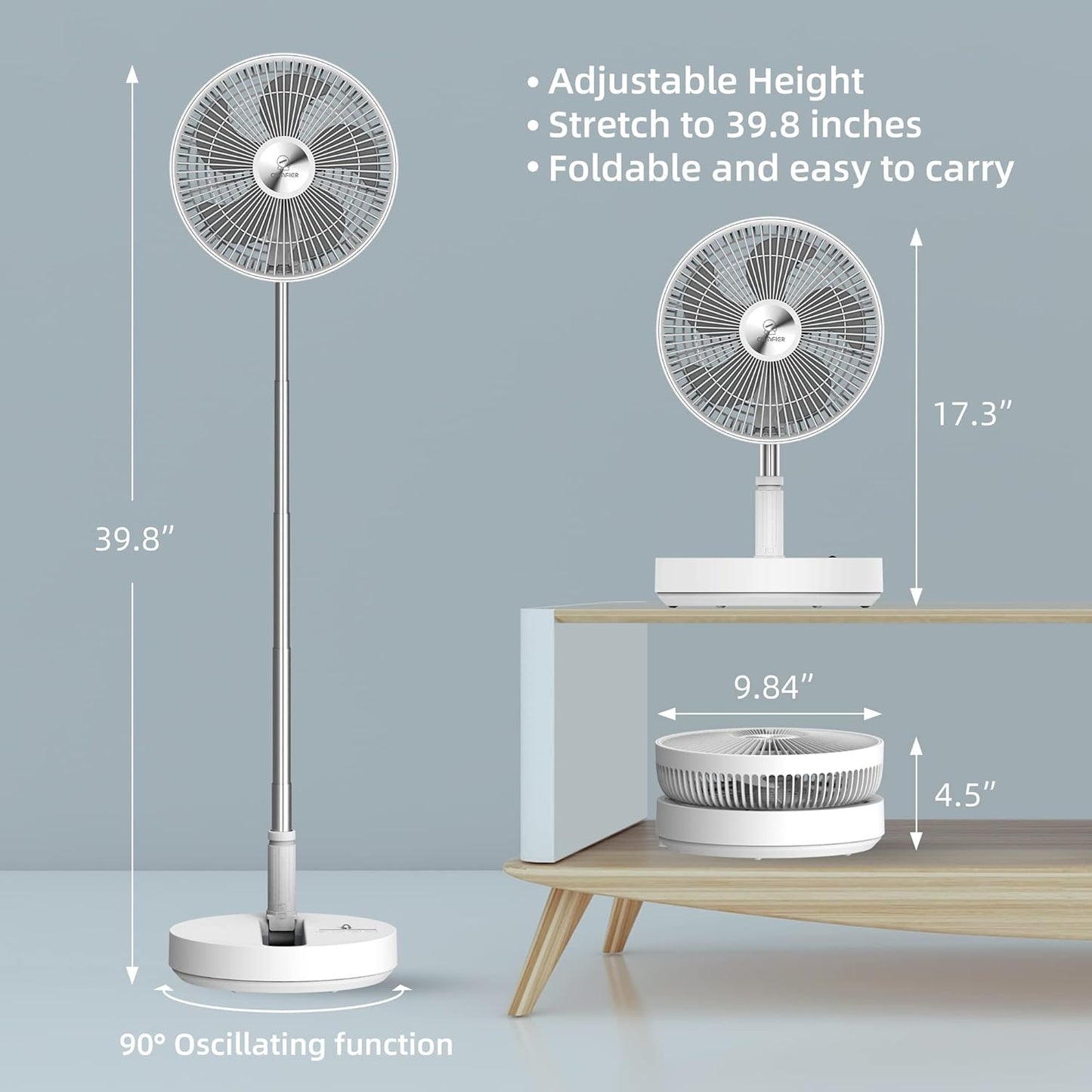 CooCoCo 10" Battery Operated Fan, Portable Travel Fan for Sleeping, Oscillating Fan with Remote Control, Cordless Rechargeable Pedestal Fan, Standing Fan for Bedroom, Home, Office, Dorm