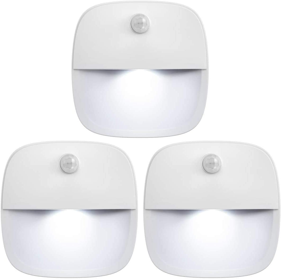 (upgraded) motion sensor light, cordless battery powered LED night light, wall light, closet light, security light for stairs, hallways, bathrooms, kitchens, cabinets (white - 3 pack)