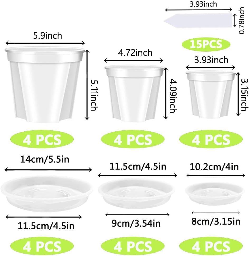 Reinforced Clear Nursery Pots for Plants,Assorted Sizes,12Pack 4/5/6 inch Transparent Plastic Plant Pots with Drainage Holes, Garden Pots for Plants Flowers with 12Pack Trays and 15pcs Plant Labels