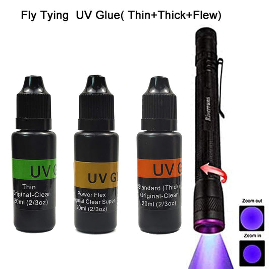 UV Clear Glue Thick Thin Flew+UV Power 395nm Zoomable Pen Light for UV Glue Curing,Heads Bodies and Wings, Small Mini Stylus, IPX5 Water-Resistant