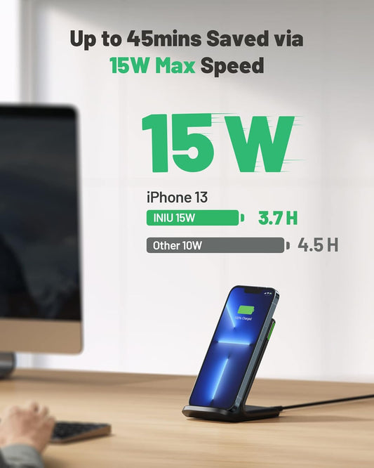 INIU Wireless Charger, 15W Qi Certified Fast Wireless Charging Stand with Sleep-Friendly Adaptive Light for iPhone 16 15 14 13 12 Pro Max Plus Samsung Galaxy S23 S22 Ultra S21 S20 Note 20 Google etc - PuriLite