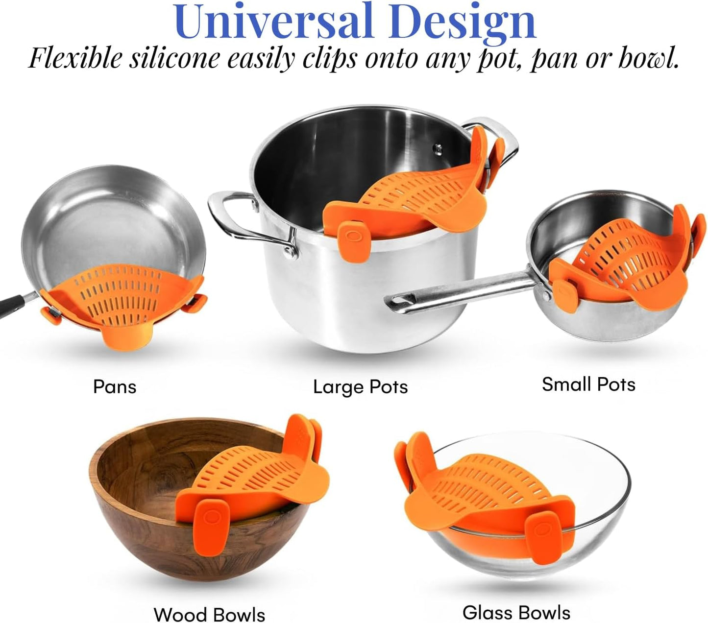 Original Kitchen Gizmo Strainer for Pots, Pans, and Bowls - Adjustable Silicone Clip on Colander - Snap N Strain Kitchen Gadget for Fruits, Veggies, Salads, Pasta, and More - Dishwasher Safe - Orange