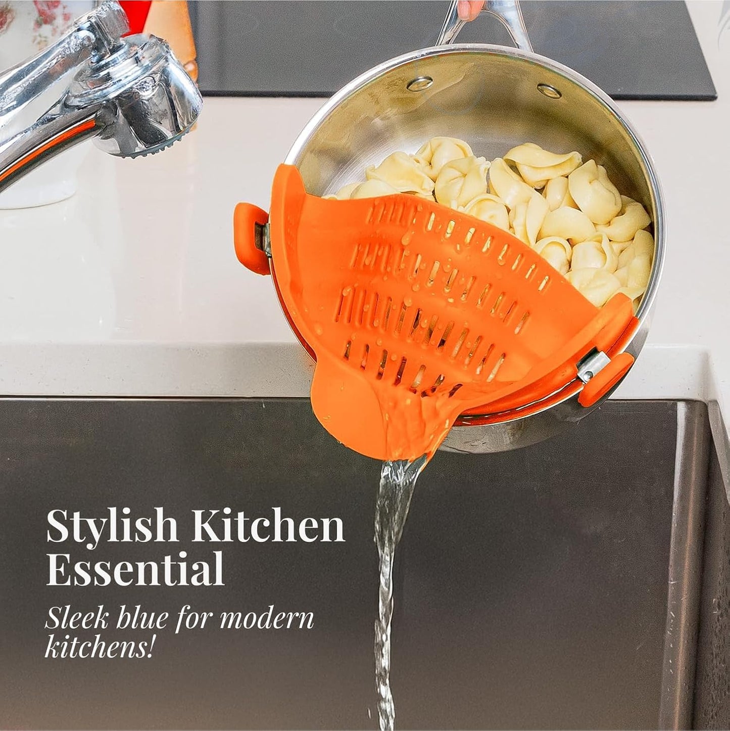 Original Kitchen Gizmo Strainer for Pots, Pans, and Bowls - Adjustable Silicone Clip on Colander - Snap N Strain Kitchen Gadget for Fruits, Veggies, Salads, Pasta, and More - Dishwasher Safe - Orange