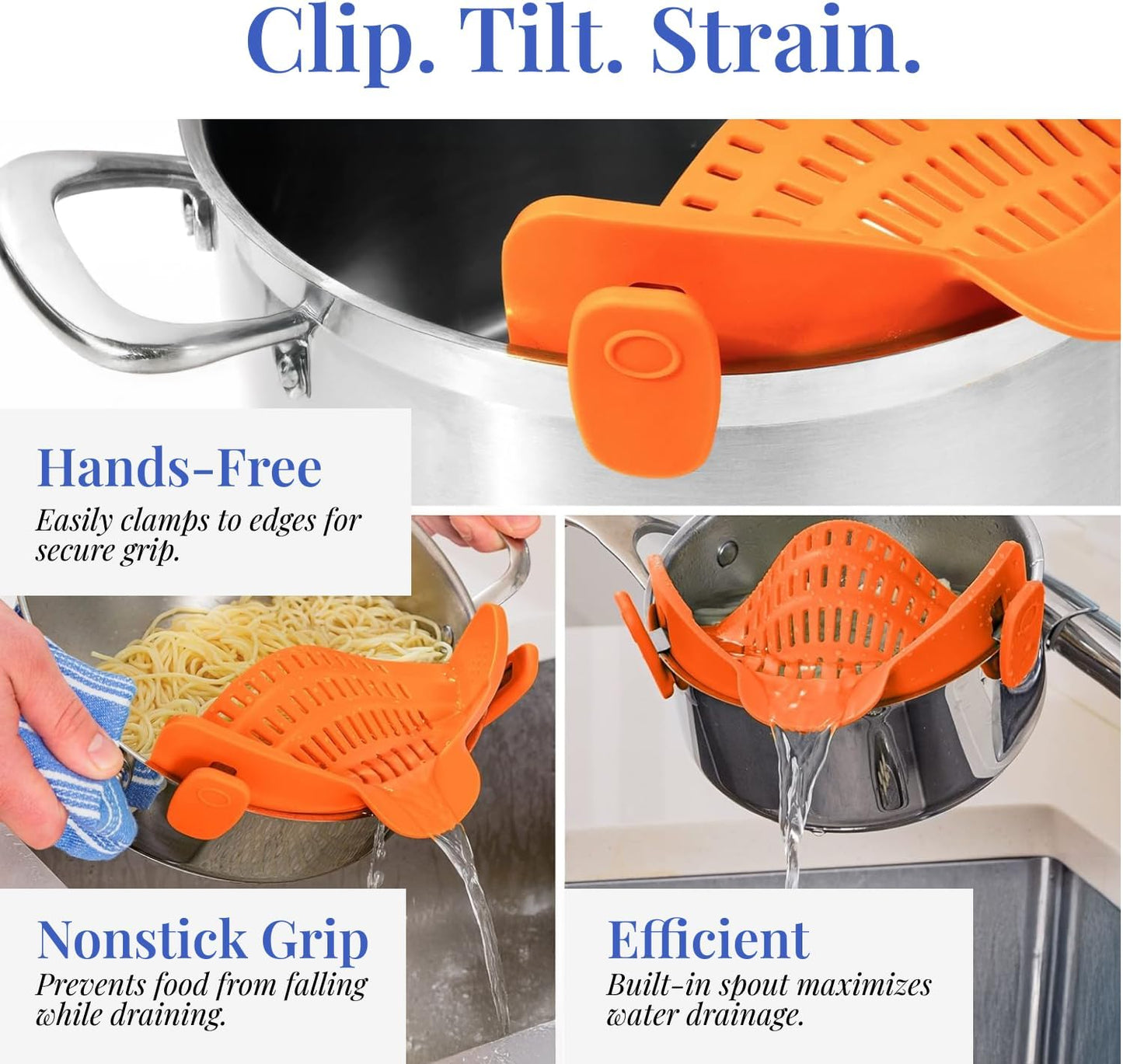 Original Kitchen Gizmo Strainer for Pots, Pans, and Bowls - Adjustable Silicone Clip on Colander - Snap N Strain Kitchen Gadget for Fruits, Veggies, Salads, Pasta, and More - Dishwasher Safe - Orange