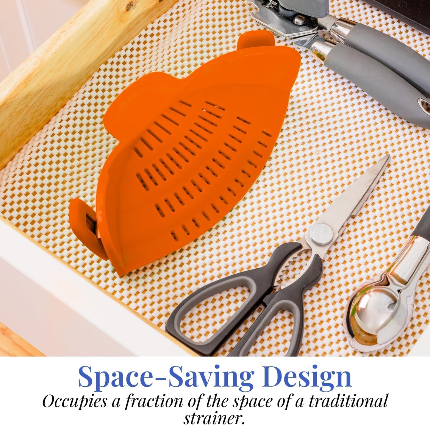 Original Kitchen Gizmo Strainer for Pots, Pans, and Bowls - Adjustable Silicone Clip on Colander - Snap N Strain Kitchen Gadget for Fruits, Veggies, Salads, Pasta, and More - Dishwasher Safe - Orange