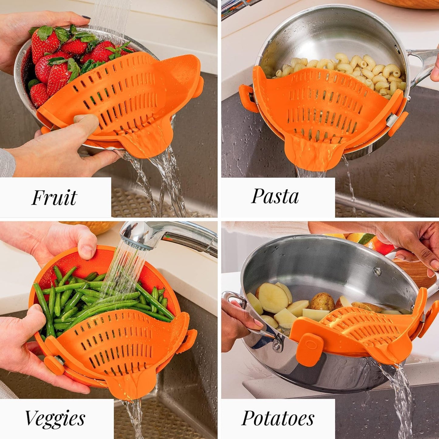 Original Kitchen Gizmo Strainer for Pots, Pans, and Bowls - Adjustable Silicone Clip on Colander - Snap N Strain Kitchen Gadget for Fruits, Veggies, Salads, Pasta, and More - Dishwasher Safe - Orange