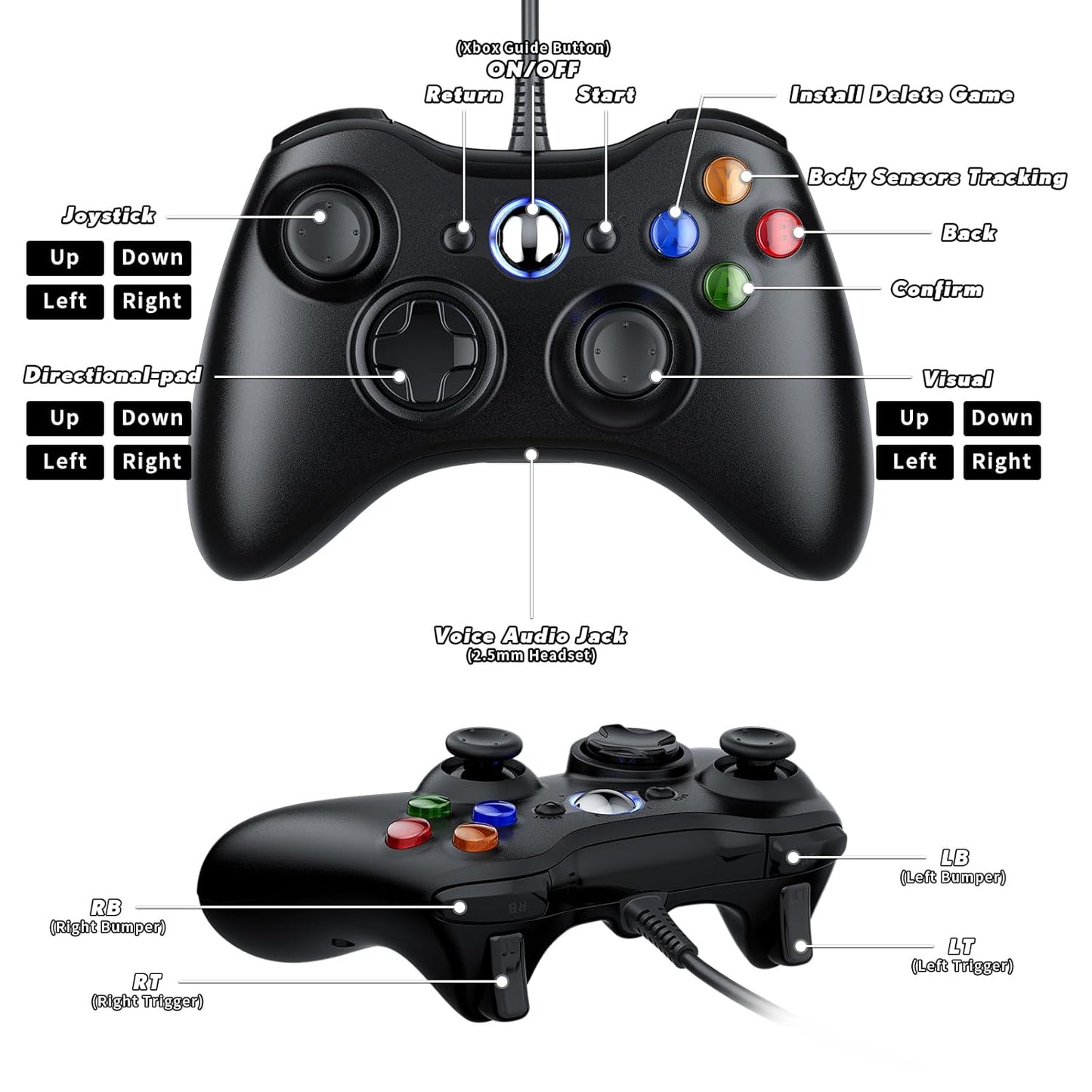 LENISUOLE Wired Controller for Xbox 360 1 Pack, Compatible with xbox 360/360 S/360 E, with Dual-Vibration, 2.5mm headphone Jack