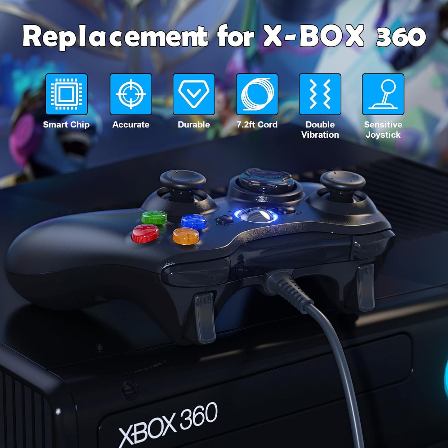 LENISUOLE Wired Controller for Xbox 360 1 Pack, Compatible with xbox 360/360 S/360 E, with Dual-Vibration, 2.5mm headphone Jack