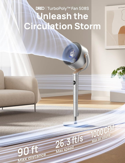Dreo Smart Fans for Bedroom, 120° +120° Omni-Directional Oscillating Fan, 90ft Quiet Pedestal Fan with RGB Light, 9 Speeds, 6 Modes, 20dB, 8H Timer, Wi-Fi/Voice, 37-42" Floor Fans with Remote, Silver - PuriLite