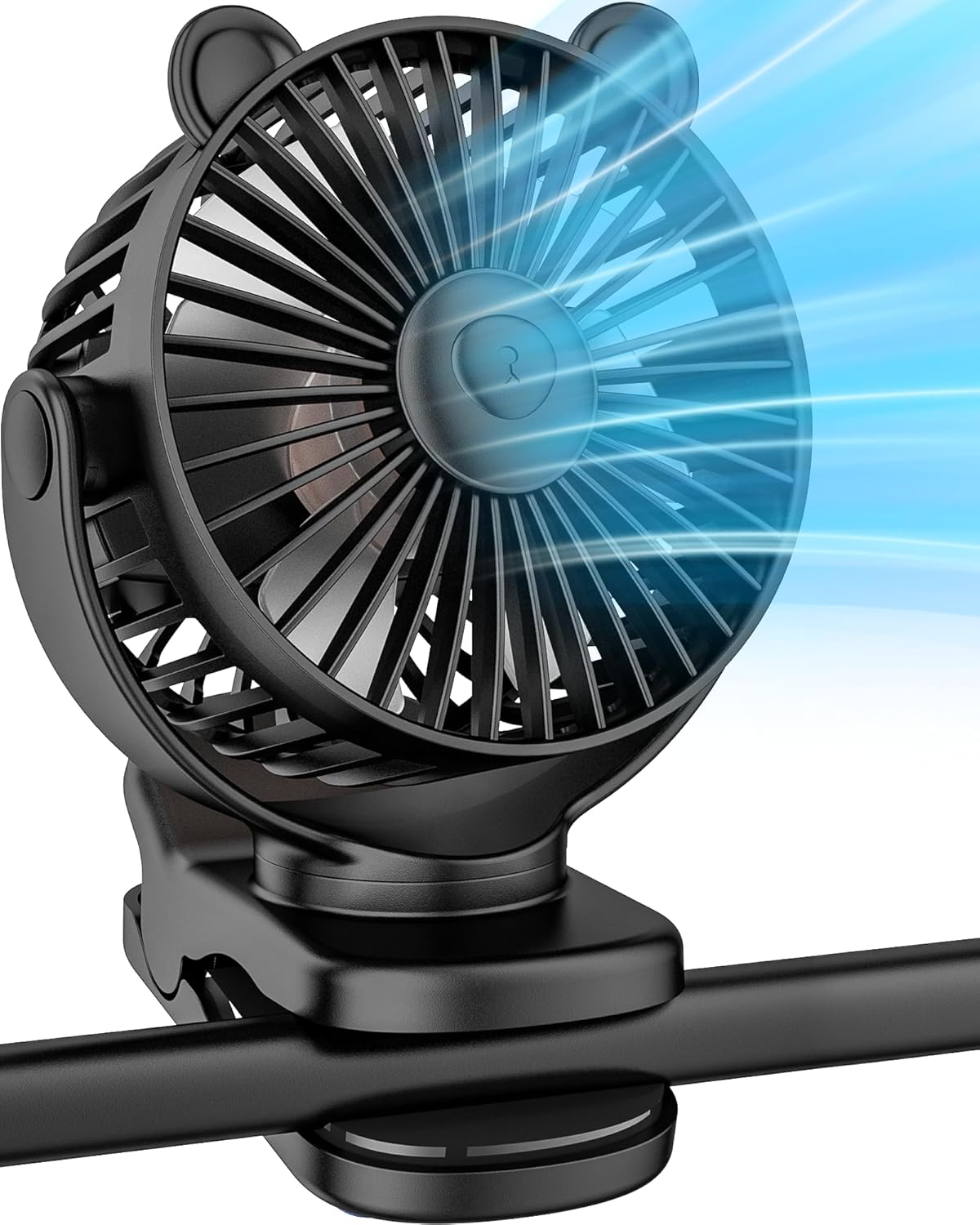 Portable Clip on Fan for Stroller & Desk - Compact & Lightweight, 360° Rotation, 3 Speed Adjustable - Sleek Cute Bear Design Battery Operated for Home, Office, Travel - Black