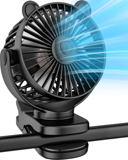 Portable Clip on Fan for Stroller & Desk - Compact & Lightweight, 360° Rotation, 3 Speed Adjustable - Sleek Cute Bear Design Battery Operated for Home, Office, Travel - Black