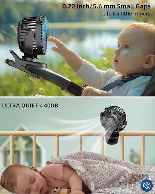 Portable Clip on Fan for Stroller & Desk - Compact & Lightweight, 360° Rotation, 3 Speed Adjustable - Sleek Cute Bear Design Battery Operated for Home, Office, Travel - Black