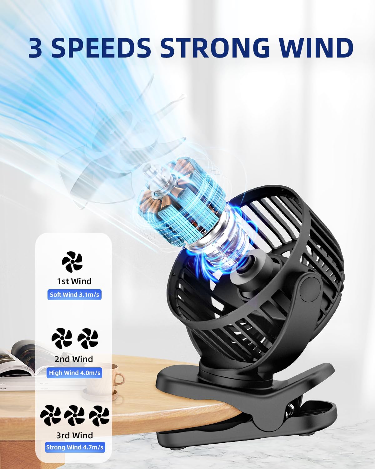 Portable Clip on Fan for Stroller & Desk - Compact & Lightweight, 360° Rotation, 3 Speed Adjustable - Sleek Cute Bear Design Battery Operated for Home, Office, Travel - Black