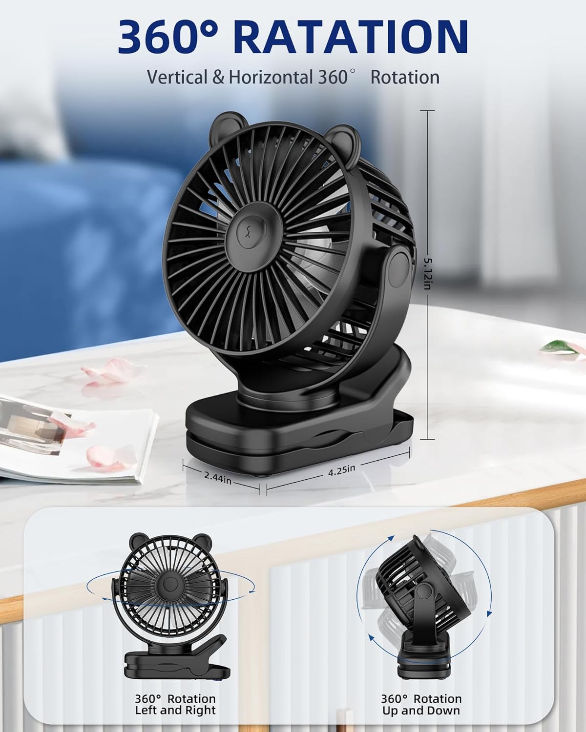 Portable Clip on Fan for Stroller & Desk - Compact & Lightweight, 360° Rotation, 3 Speed Adjustable - Sleek Cute Bear Design Battery Operated for Home, Office, Travel - Black