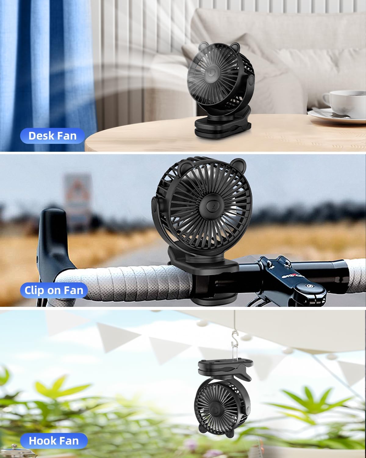 Portable Clip on Fan for Stroller & Desk - Compact & Lightweight, 360° Rotation, 3 Speed Adjustable - Sleek Cute Bear Design Battery Operated for Home, Office, Travel - Black