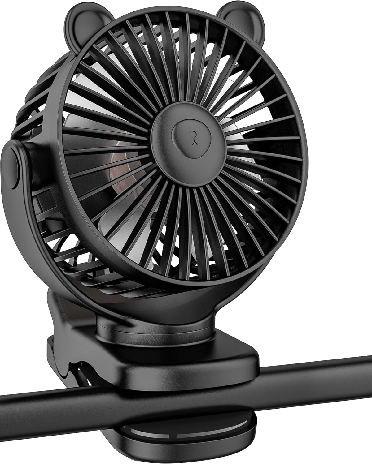 Portable Clip on Fan for Stroller & Desk - Compact & Lightweight, 360° Rotation, 3 Speed Adjustable - Sleek Cute Bear Design Battery Operated for Home, Office, Travel - Black