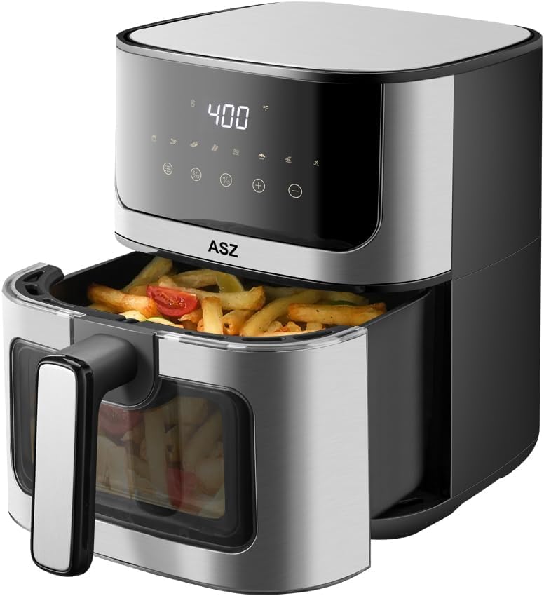 ASZ Compact 5 qt Air Fryer with Window - Portable Digital 5qt Small Airfryer - 8 Presets Bake Toast Broil Reheat Bacon, Non-Stick Basket + 2 Trays, Automatic Shutoff,Kitchen Appliance (4.7L)
