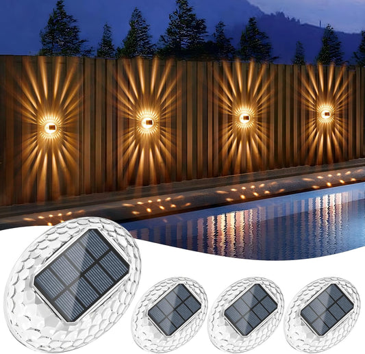 Outdoor Solar Lights 4 Pack, 360°Glow Decorative Solar Fence Lights, Auto On/Off Solar Patio Lights Waterproof, Outdoor Wall Lights for Yard Garden Patio Railing Pool, Warm White