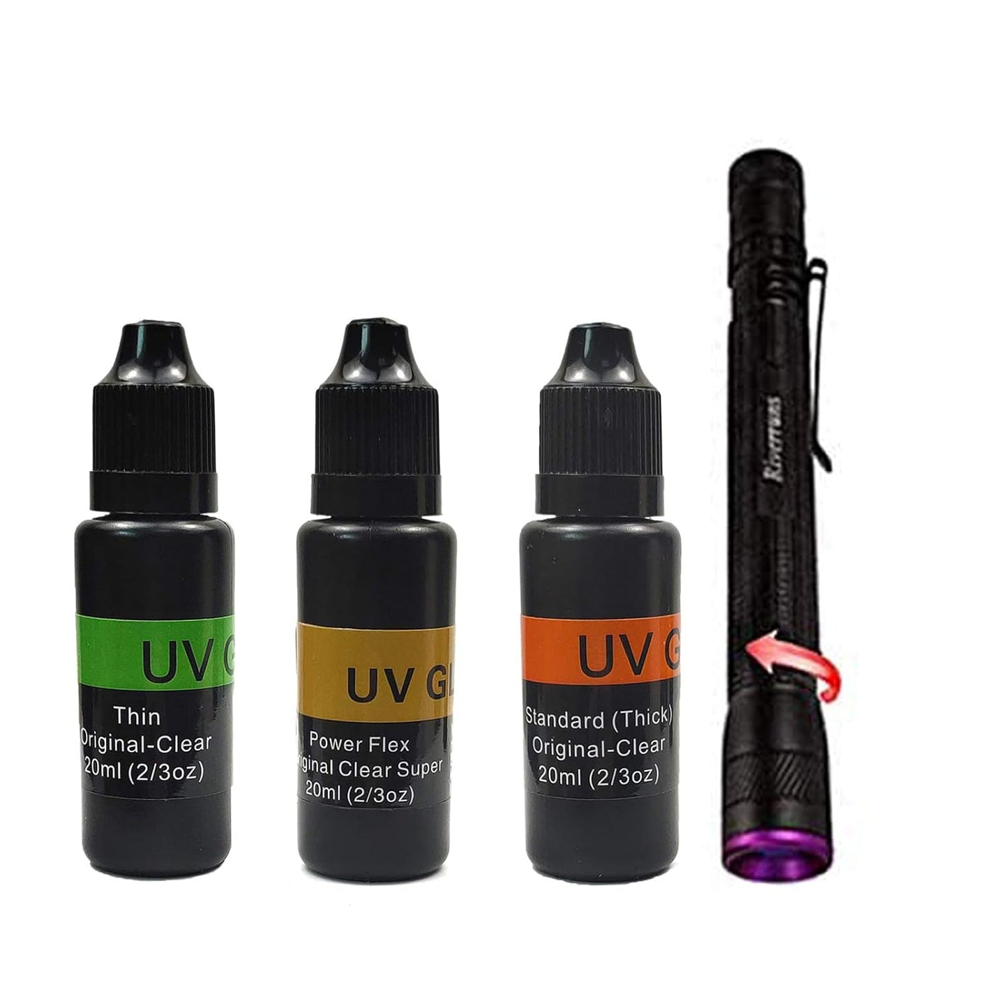 UV Clear Glue Thick Thin Flew+UV Power 395nm Zoomable Pen Light for UV Glue Curing,Heads Bodies and Wings, Small Mini Stylus, IPX5 Water-Resistant