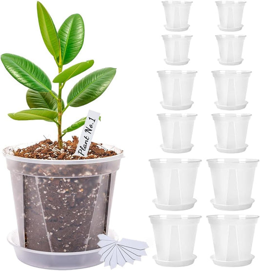Reinforced Clear Nursery Pots for Plants,Assorted Sizes,12Pack 4/5/6 inch Transparent Plastic Plant Pots with Drainage Holes, Garden Pots for Plants Flowers with 12Pack Trays and 15pcs Plant Labels