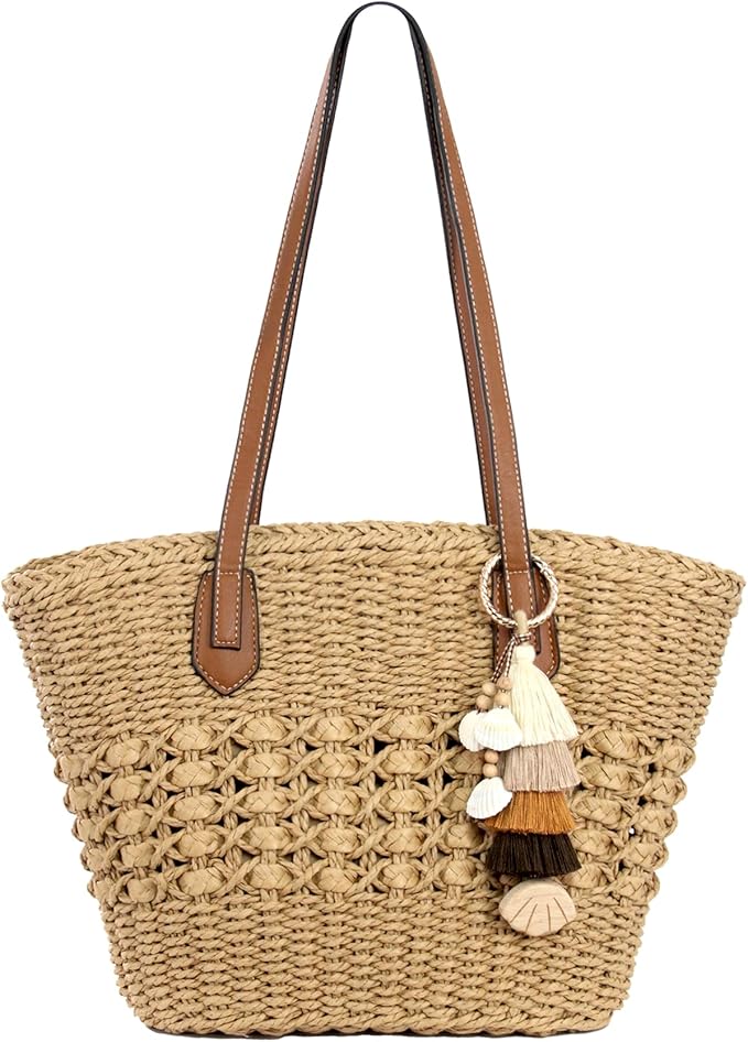 RUNROLE Straw Handbags with Tassel Hat Clip for Travel, Handmade Summer Raffia Totes, Hobo Shoulder Bag Purse for Women