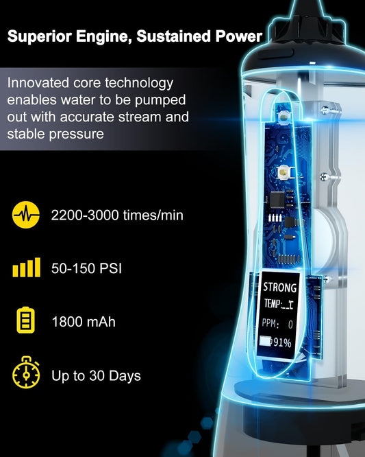MySmile Powerful Cordless 350ML Water Dental Flosser Portable OLED Display Oral Irrigator with 5 Pressure Modes 8 Replaceable Jet Tips and Storage Bag for Home Travel Use (Black) - PuriLite