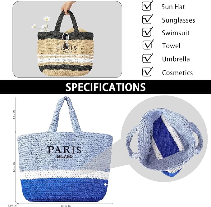 POAPRRD Large Straw Tote Bag Summer Straw Purse for Women Vacation Raffia Woven Beach Bags Handbag